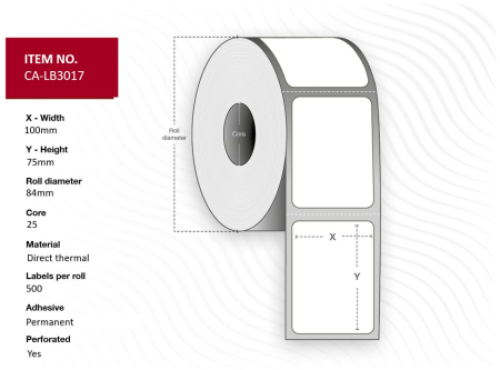 Capture Label 100 x 75 Core 25 Ø 84 mm. White. DT. Permanent. 500 labels per roll. 12 rolls per box.