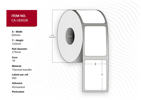 Capture Label 102 x 152 Core 76 Ø 175 mm. White. TT. Permanent. 950 labels per roll. 4 rolls per box.