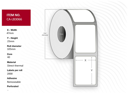 Capture Label 47 x 25 Core 40 Ø 105 mm. White. DT. Removable. 2000 labels per roll. 12 rolls per box.