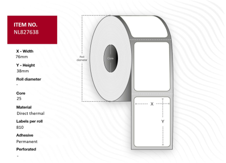 Capture Label 76 x 38 - Core 25. White. Uncoated. DT. Permanent. 810 labels per roll. 4 rolls per box. Black Mark. This label is made from premium high-quality paper often used in laboratories or other settings that require extra-high paper quality