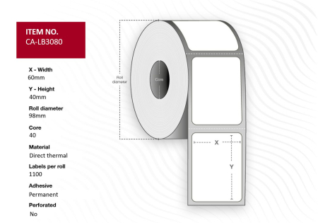 Capture Label 60 x 40 Core 40 Ø 98 mm. White. DT. Permanent. 1100 labels per roll. 12 rolls per box.