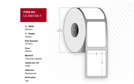 Capture Label 102 x 64mm; Core 25mm, Thermal Transfer, Coated, Permanent, Perforated, 1100 labels per roll, 4 rolls per box. Equal to p/n: 3007206-T