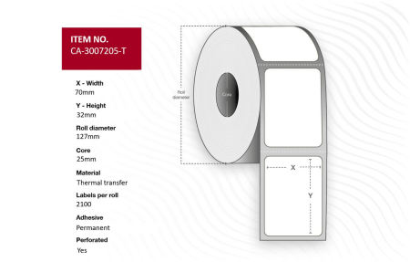 Capture Label 70 x 32mm, Core 25mm, Thermal Transfer, Coated, Permanent, Perforated, 2100 labels per roll, 4 rolls per box. Equal to p/n: 3007205-T