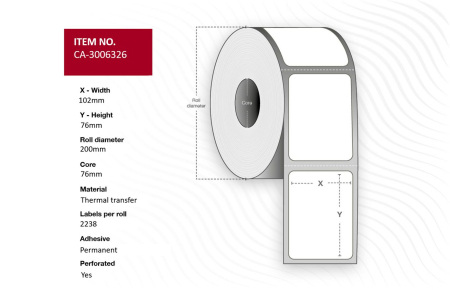 Capture Label 102 x 76mm, Core 76mm, Thermal Transfer, Coated, Permanent, Perforated, 2238 labels per roll, 4 rolls per box. Equal to p/n: 3006326