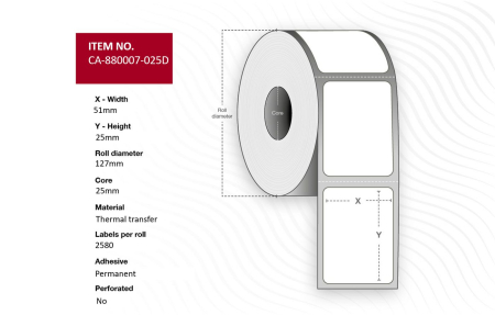 Capture Label 51 x 25mm, Core 25mm, Thermal Transfer, Uncoated, Permanent, No perforation, 2580 labels per roll, 12 rolls per box. Equal to p/n: 880007-025D