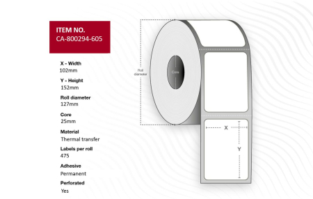 Capture Label 102 x 152mm, Core 25mm, Thermal Transfer, Uncoated, Permanent, Perforated, 475 labels per roll, 12 rolls per box. Equal to p/n: 800294-605