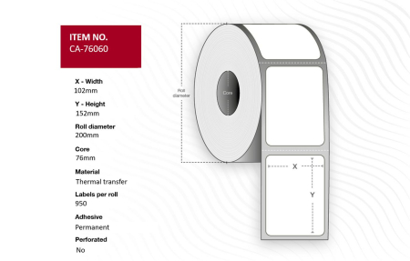 Capture Label 102 x 152mm, Core 76mm, Thermal Transfer, Coated, Permanent, No perforation, 950 labels per roll, 4 rolls per box. Equal to p/n: 76060