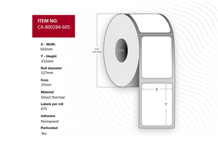 Capture Label 102 x 152mm, Core 25mm, Direct Thermal, Uncoated, Permanent, Perforated, 475 labels per roll, 12 rolls per box. Equal to p/n: 800284-605