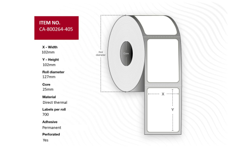 Capture Label 102 x 76mm, Core 25mm, Direct Thermal, Paper, Permanent, Perforated, 930 labels per roll, 12 rolls per box. Equal to p/n: 800264-305