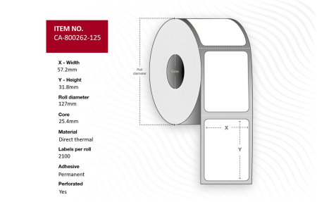 Capture Label 57.2 x 31.8mm, Core 25.4mm, Direct Thermal, High Performance Coated, Permanent, Perforated, 2100 labels per roll, 12 rolls per box. Equal to p/n: 800262-125