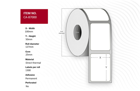 Capture Label 100 x 50mm Core 25mm, Direct Thermal, Coated, Permanent, No perforation, 1300 labels per roll, 4 rolls per box. Equal to p/n: 87000