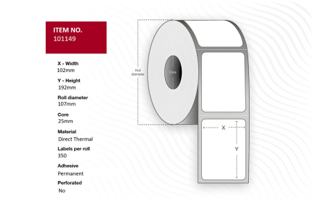 Capture Label 102 x 192 - Core 25. White. Uncoated. DT. Permanent. No perforation. 350 labels per roll. 18 rolls per box