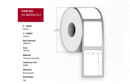 Capture Capture Label 51 x 13mm, Core 76mm, Thermal Transfer, Polyester, Permanent, No perforation, 9449 labels per roll, 10 rolls per box