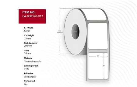 Capture Capture Label 25 x 13mm, Core 76mm, Thermal Transfer, Polyester, Permanent, No perforation, 9449 labels per roll, 12 rolls per box