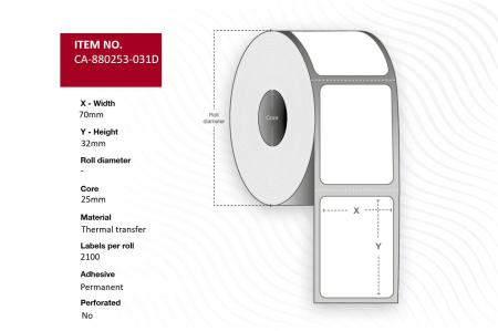 Capture Capture Label 70 x 32mm, Core 25mm, Thermal Transfer, Polyester, Permanent, No perforation, 2100 labels per roll, 12 rolls per box