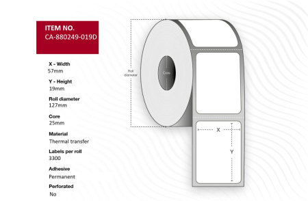 Capture Capture Label 57 x 19mm, Core 25mm, Thermal Transfer, Polyester, Permanent, No perforation, 3300 labels per roll, 12 rolls per box