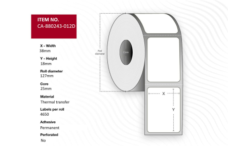 Capture Capture Label 38 x 18mm, Core 25mm, Thermal Transfer, Polyester, Permanent, No perforation, 4650 labels per roll, 12 rolls per box
