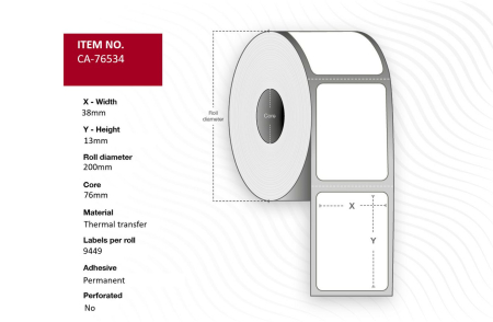 Capture Capture Label 38 x 13mm, Core 76mm, Thermal Transfer, Polyester, Permanent, No perforation, 9449 labels per roll, 10 rolls per box